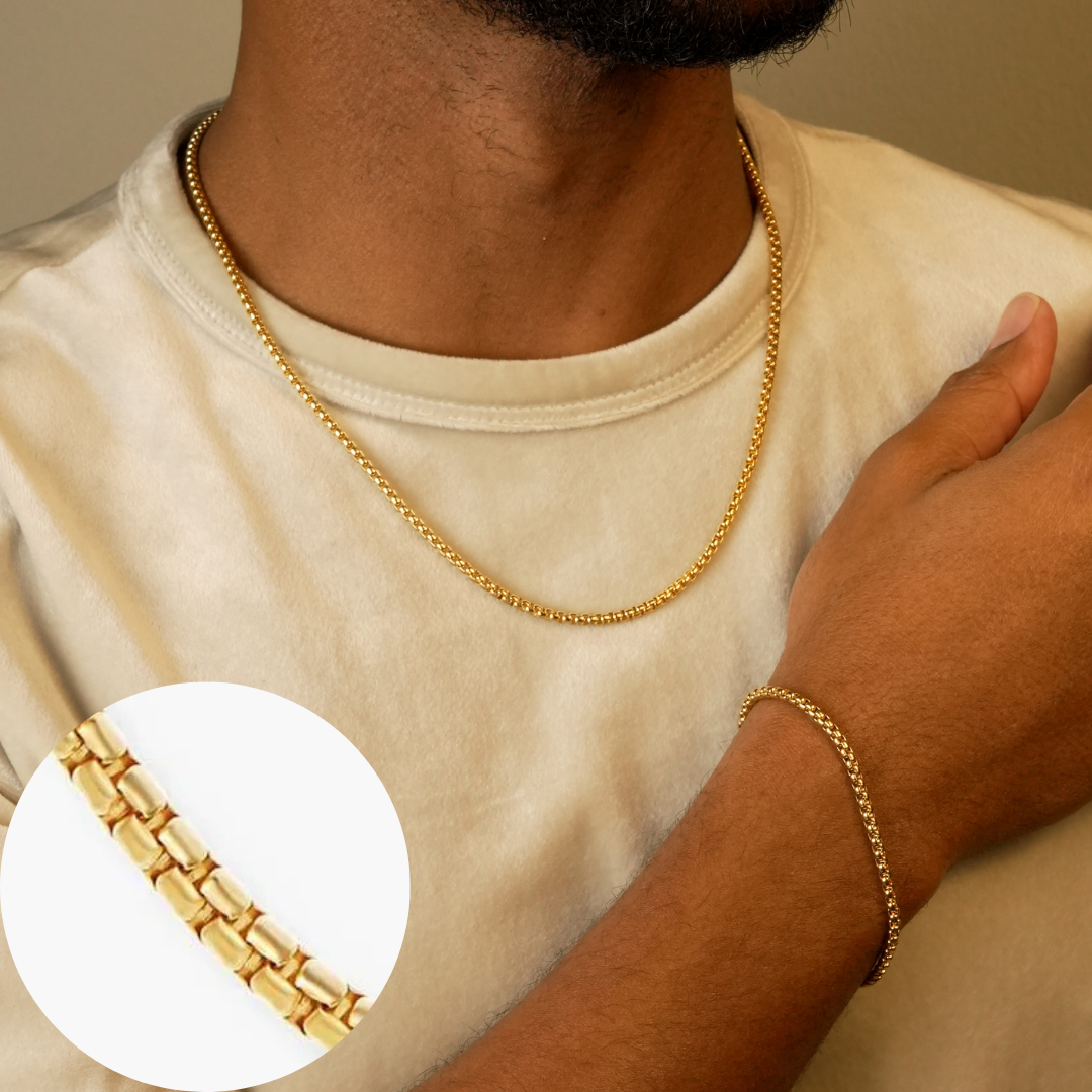 3mm Rounded Box Chain 3mm Round Box Chain & Bracelet Set for Men | Gold, Silver & Black ...