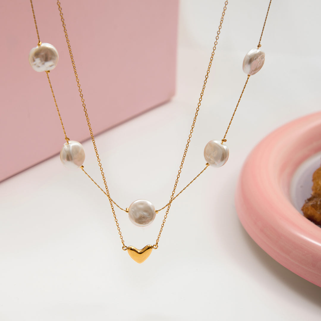 2pc Pearl Layered Heart Necklace