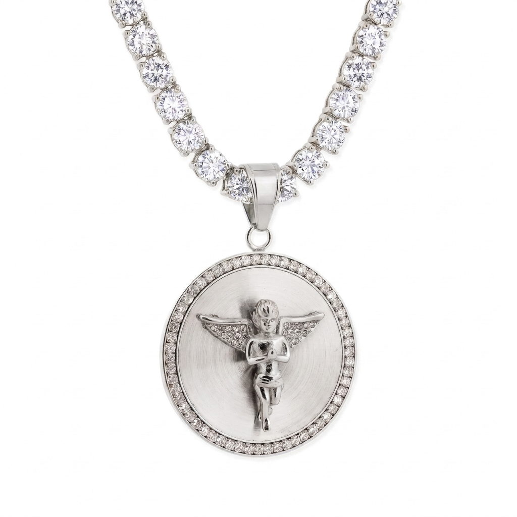 Tennis Chain and Guardian Angel Pendant Set